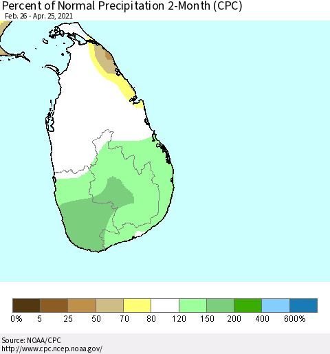 Sri Lanka Percent of Normal Precipitation 2-Month (CPC) Thematic Map For 2/26/2021 - 4/25/2021
