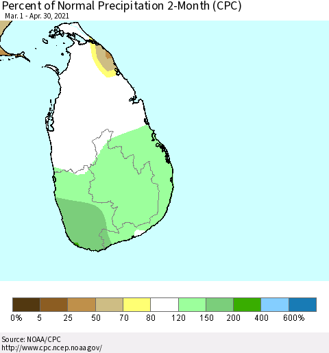 Sri Lanka Percent of Normal Precipitation 2-Month (CPC) Thematic Map For 3/1/2021 - 4/30/2021