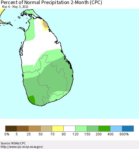Sri Lanka Percent of Normal Precipitation 2-Month (CPC) Thematic Map For 3/6/2021 - 5/5/2021