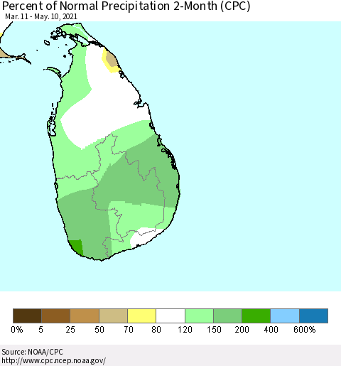 Sri Lanka Percent of Normal Precipitation 2-Month (CPC) Thematic Map For 3/11/2021 - 5/10/2021