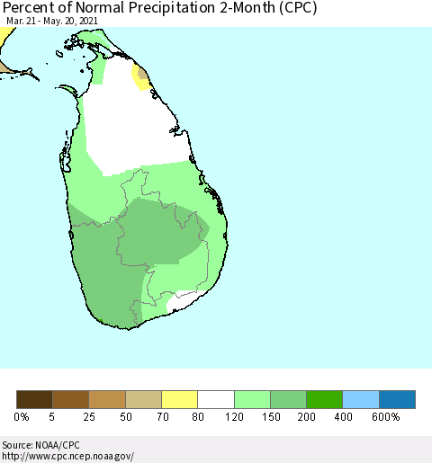 Sri Lanka Percent of Normal Precipitation 2-Month (CPC) Thematic Map For 3/21/2021 - 5/20/2021
