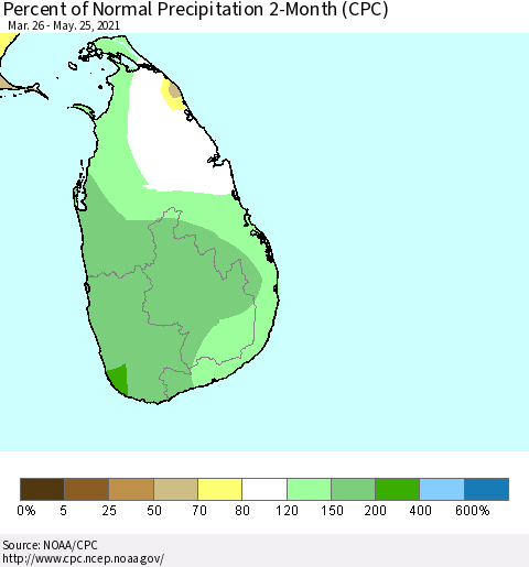 Sri Lanka Percent of Normal Precipitation 2-Month (CPC) Thematic Map For 3/26/2021 - 5/25/2021