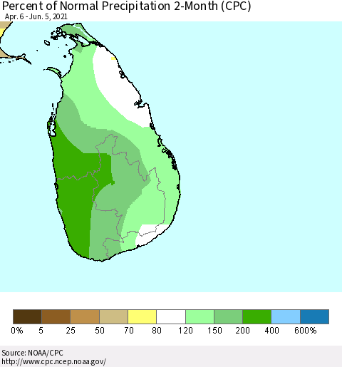 Sri Lanka Percent of Normal Precipitation 2-Month (CPC) Thematic Map For 4/6/2021 - 6/5/2021