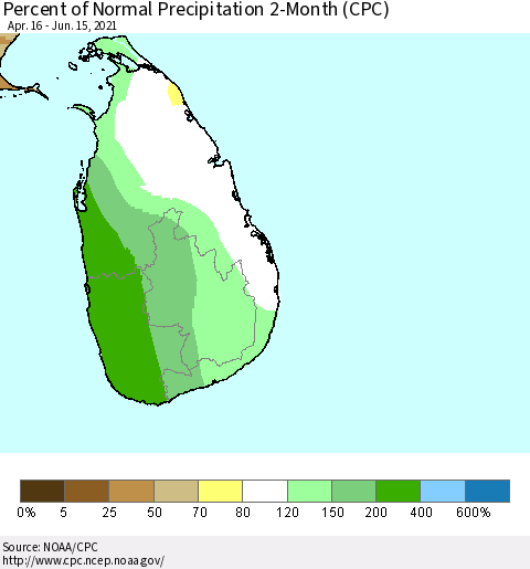 Sri Lanka Percent of Normal Precipitation 2-Month (CPC) Thematic Map For 4/16/2021 - 6/15/2021