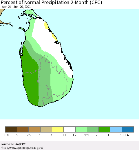 Sri Lanka Percent of Normal Precipitation 2-Month (CPC) Thematic Map For 4/21/2021 - 6/20/2021