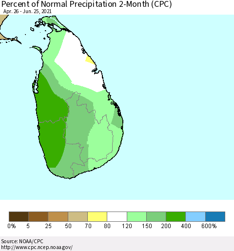Sri Lanka Percent of Normal Precipitation 2-Month (CPC) Thematic Map For 4/26/2021 - 6/25/2021