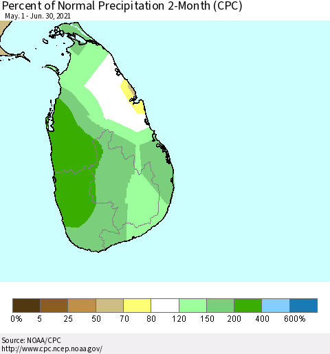 Sri Lanka Percent of Normal Precipitation 2-Month (CPC) Thematic Map For 5/1/2021 - 6/30/2021