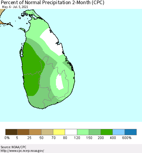 Sri Lanka Percent of Normal Precipitation 2-Month (CPC) Thematic Map For 5/6/2021 - 7/5/2021