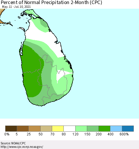 Sri Lanka Percent of Normal Precipitation 2-Month (CPC) Thematic Map For 5/11/2021 - 7/10/2021
