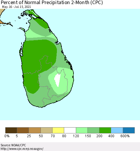 Sri Lanka Percent of Normal Precipitation 2-Month (CPC) Thematic Map For 5/16/2021 - 7/15/2021