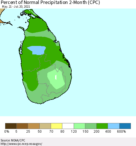 Sri Lanka Percent of Normal Precipitation 2-Month (CPC) Thematic Map For 5/21/2021 - 7/20/2021