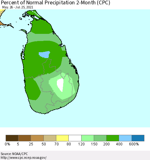 Sri Lanka Percent of Normal Precipitation 2-Month (CPC) Thematic Map For 5/26/2021 - 7/25/2021