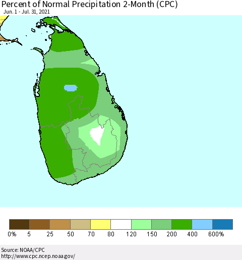 Sri Lanka Percent of Normal Precipitation 2-Month (CPC) Thematic Map For 6/1/2021 - 7/31/2021