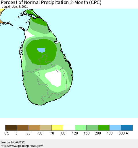 Sri Lanka Percent of Normal Precipitation 2-Month (CPC) Thematic Map For 6/6/2021 - 8/5/2021