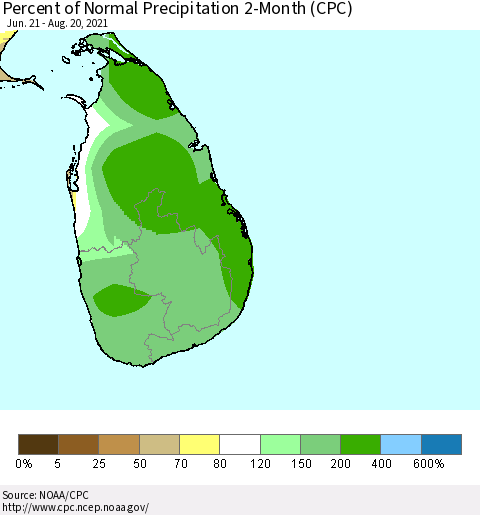 Sri Lanka Percent of Normal Precipitation 2-Month (CPC) Thematic Map For 6/21/2021 - 8/20/2021