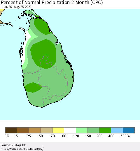 Sri Lanka Percent of Normal Precipitation 2-Month (CPC) Thematic Map For 6/26/2021 - 8/25/2021