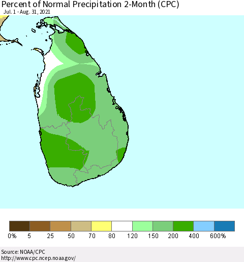 Sri Lanka Percent of Normal Precipitation 2-Month (CPC) Thematic Map For 7/1/2021 - 8/31/2021