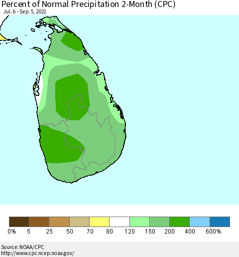 Sri Lanka Percent of Normal Precipitation 2-Month (CPC) Thematic Map For 7/6/2021 - 9/5/2021