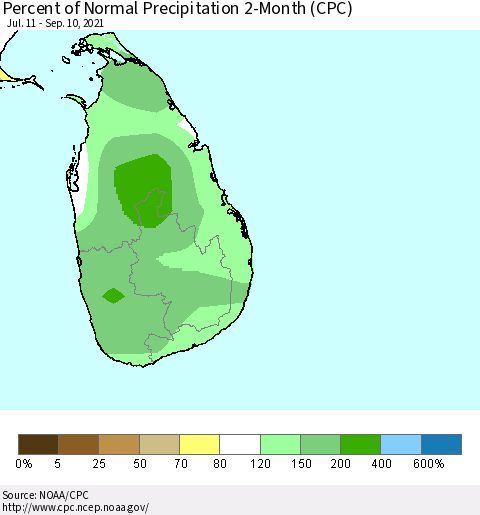 Sri Lanka Percent of Normal Precipitation 2-Month (CPC) Thematic Map For 7/11/2021 - 9/10/2021