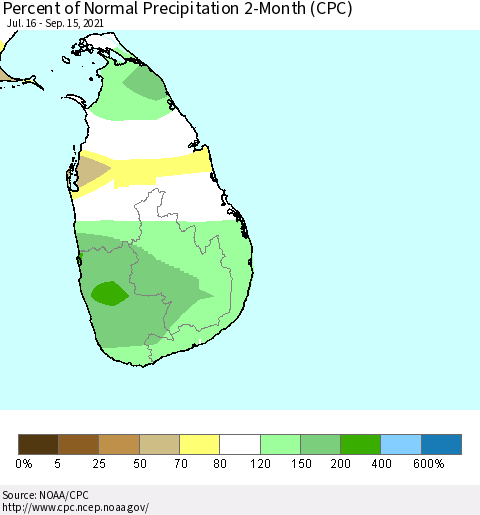 Sri Lanka Percent of Normal Precipitation 2-Month (CPC) Thematic Map For 7/16/2021 - 9/15/2021