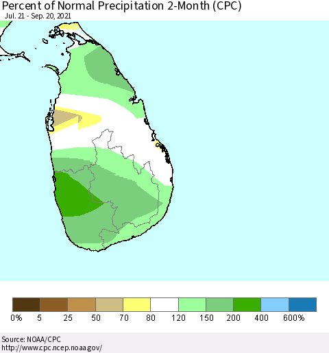 Sri Lanka Percent of Normal Precipitation 2-Month (CPC) Thematic Map For 7/21/2021 - 9/20/2021