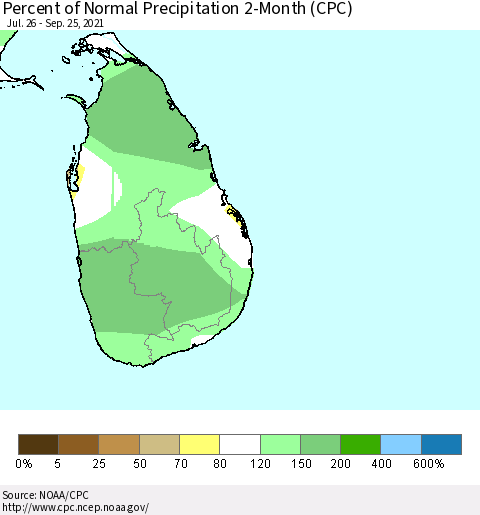 Sri Lanka Percent of Normal Precipitation 2-Month (CPC) Thematic Map For 7/26/2021 - 9/25/2021
