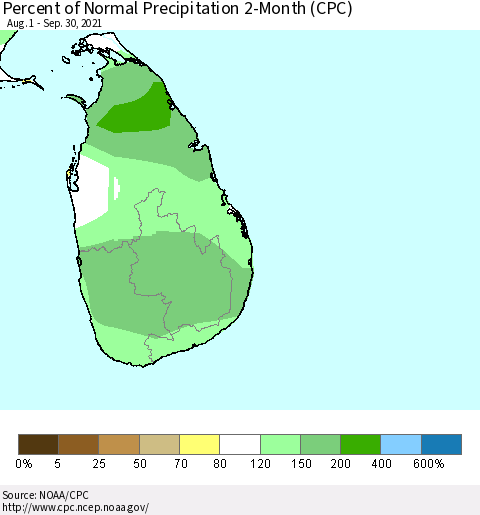 Sri Lanka Percent of Normal Precipitation 2-Month (CPC) Thematic Map For 8/1/2021 - 9/30/2021