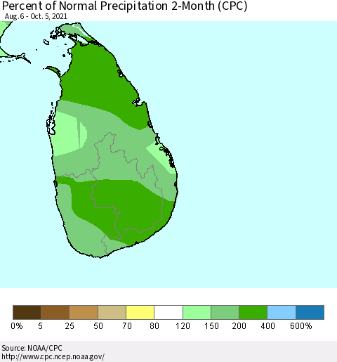Sri Lanka Percent of Normal Precipitation 2-Month (CPC) Thematic Map For 8/6/2021 - 10/5/2021