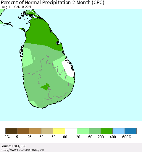 Sri Lanka Percent of Normal Precipitation 2-Month (CPC) Thematic Map For 8/11/2021 - 10/10/2021