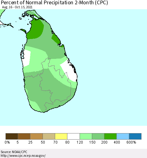 Sri Lanka Percent of Normal Precipitation 2-Month (CPC) Thematic Map For 8/16/2021 - 10/15/2021