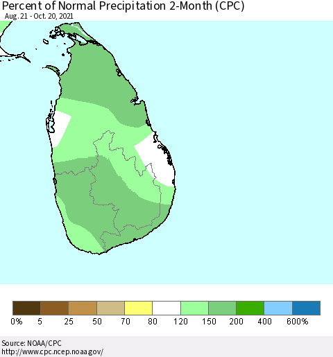 Sri Lanka Percent of Normal Precipitation 2-Month (CPC) Thematic Map For 8/21/2021 - 10/20/2021