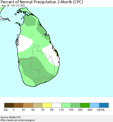 Sri Lanka Percent of Normal Precipitation 2-Month (CPC) Thematic Map For 8/26/2021 - 10/25/2021
