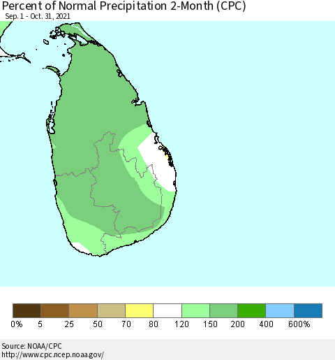 Sri Lanka Percent of Normal Precipitation 2-Month (CPC) Thematic Map For 9/1/2021 - 10/31/2021