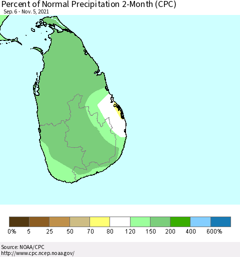 Sri Lanka Percent of Normal Precipitation 2-Month (CPC) Thematic Map For 9/6/2021 - 11/5/2021