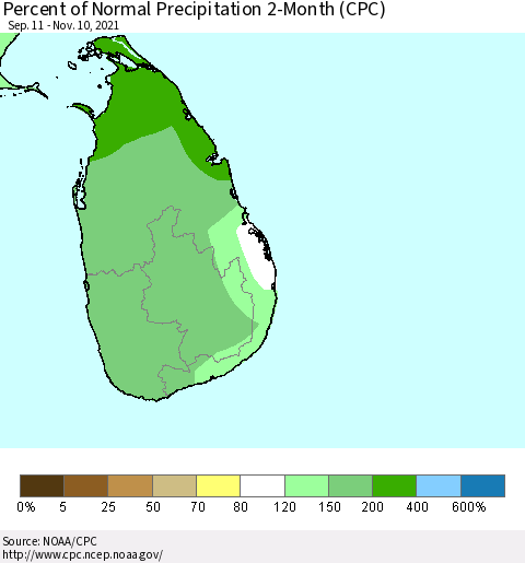 Sri Lanka Percent of Normal Precipitation 2-Month (CPC) Thematic Map For 9/11/2021 - 11/10/2021