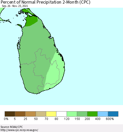 Sri Lanka Percent of Normal Precipitation 2-Month (CPC) Thematic Map For 9/26/2021 - 11/25/2021