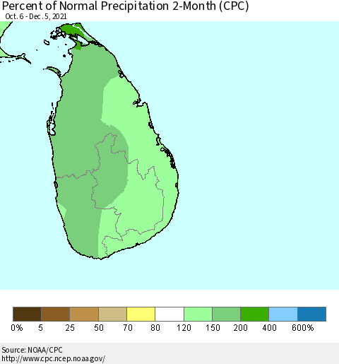 Sri Lanka Percent of Normal Precipitation 2-Month (CPC) Thematic Map For 10/6/2021 - 12/5/2021