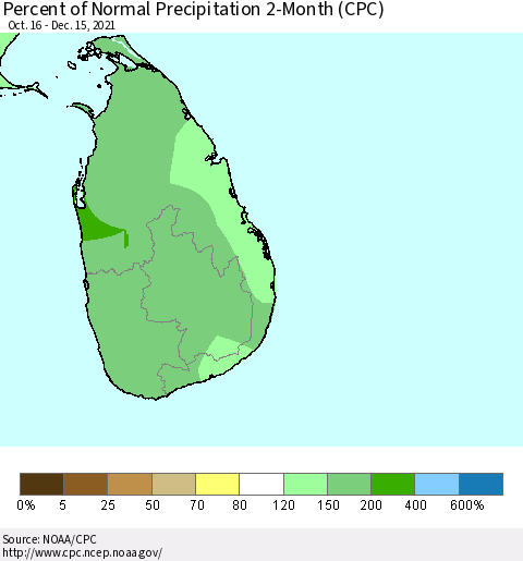 Sri Lanka Percent of Normal Precipitation 2-Month (CPC) Thematic Map For 10/16/2021 - 12/15/2021