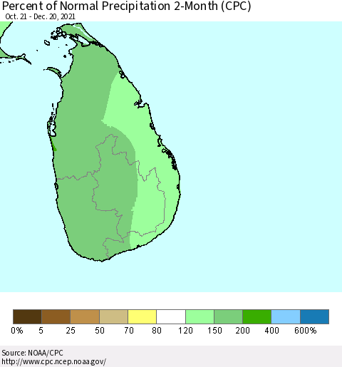 Sri Lanka Percent of Normal Precipitation 2-Month (CPC) Thematic Map For 10/21/2021 - 12/20/2021