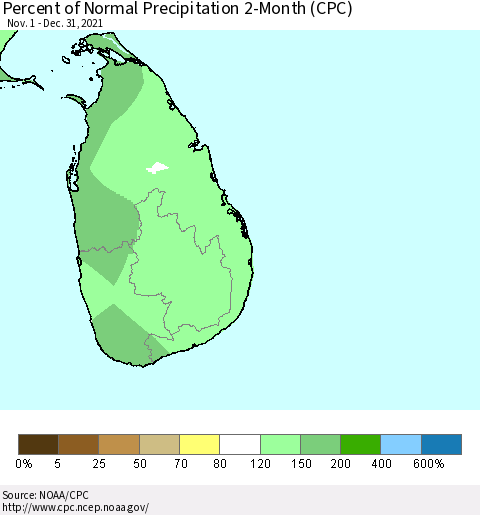 Sri Lanka Percent of Normal Precipitation 2-Month (CPC) Thematic Map For 11/1/2021 - 12/31/2021