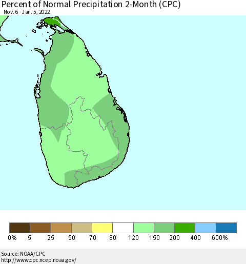 Sri Lanka Percent of Normal Precipitation 2-Month (CPC) Thematic Map For 11/6/2021 - 1/5/2022