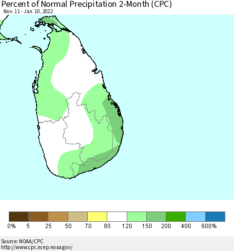 Sri Lanka Percent of Normal Precipitation 2-Month (CPC) Thematic Map For 11/11/2021 - 1/10/2022