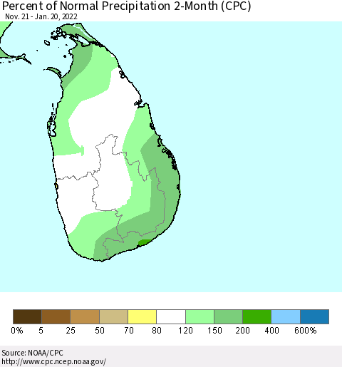 Sri Lanka Percent of Normal Precipitation 2-Month (CPC) Thematic Map For 11/21/2021 - 1/20/2022