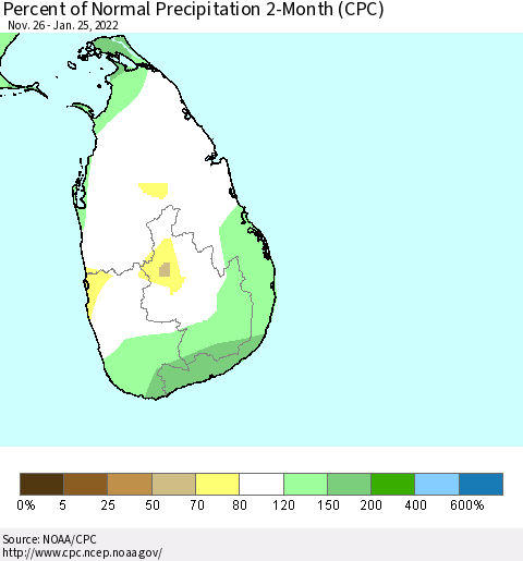 Sri Lanka Percent of Normal Precipitation 2-Month (CPC) Thematic Map For 11/26/2021 - 1/25/2022