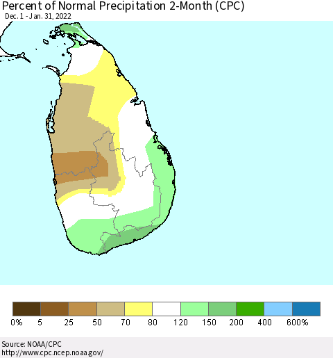 Sri Lanka Percent of Normal Precipitation 2-Month (CPC) Thematic Map For 12/1/2021 - 1/31/2022