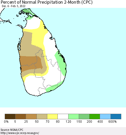 Sri Lanka Percent of Normal Precipitation 2-Month (CPC) Thematic Map For 12/6/2021 - 2/5/2022