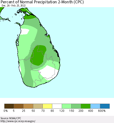 Sri Lanka Percent of Normal Precipitation 2-Month (CPC) Thematic Map For 12/26/2021 - 2/25/2022