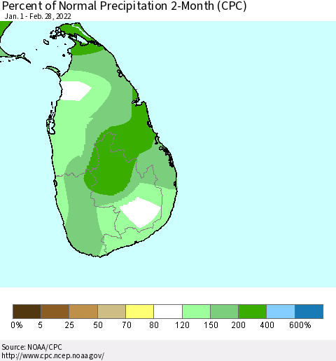 Sri Lanka Percent of Normal Precipitation 2-Month (CPC) Thematic Map For 1/1/2022 - 2/28/2022