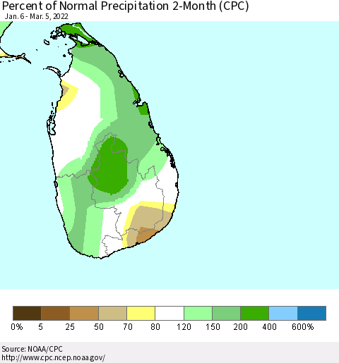 Sri Lanka Percent of Normal Precipitation 2-Month (CPC) Thematic Map For 1/6/2022 - 3/5/2022