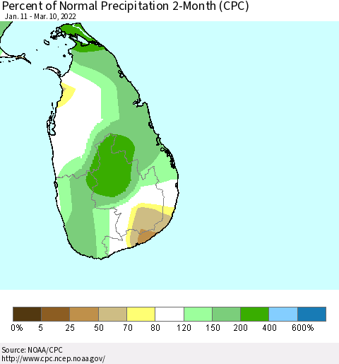 Sri Lanka Percent of Normal Precipitation 2-Month (CPC) Thematic Map For 1/11/2022 - 3/10/2022